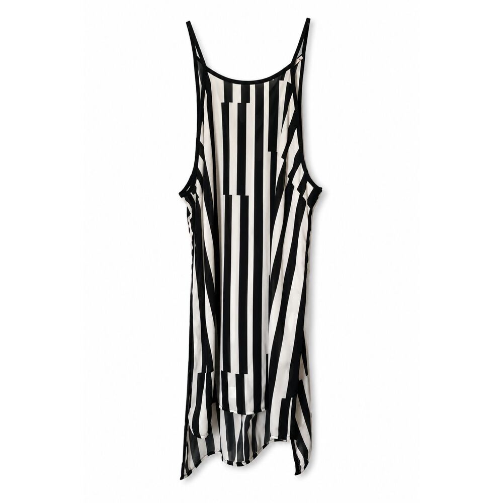 Black White Vertical Stripe Sleeveless Tank Top Strappy High Low Blouse